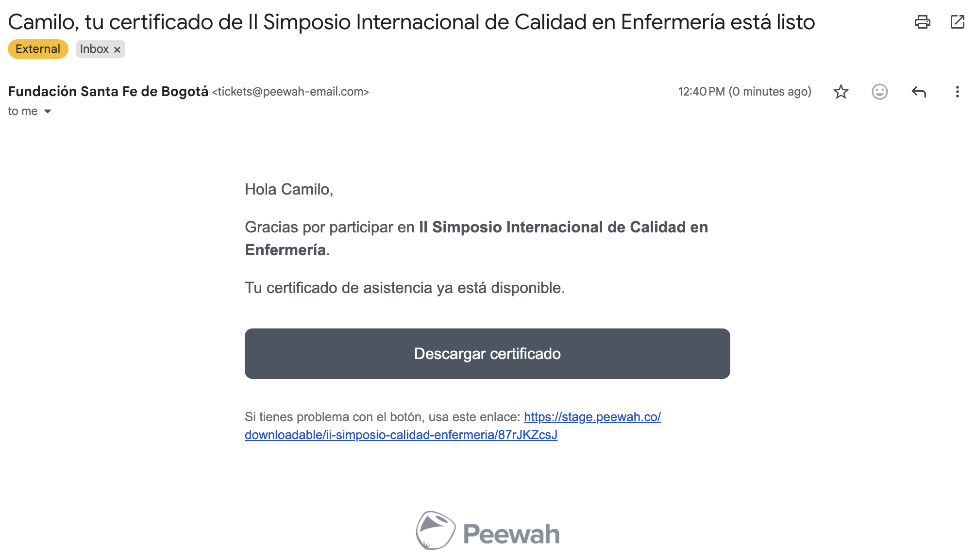 Email de certificado de asistencia enviado automáticamente por Peewah