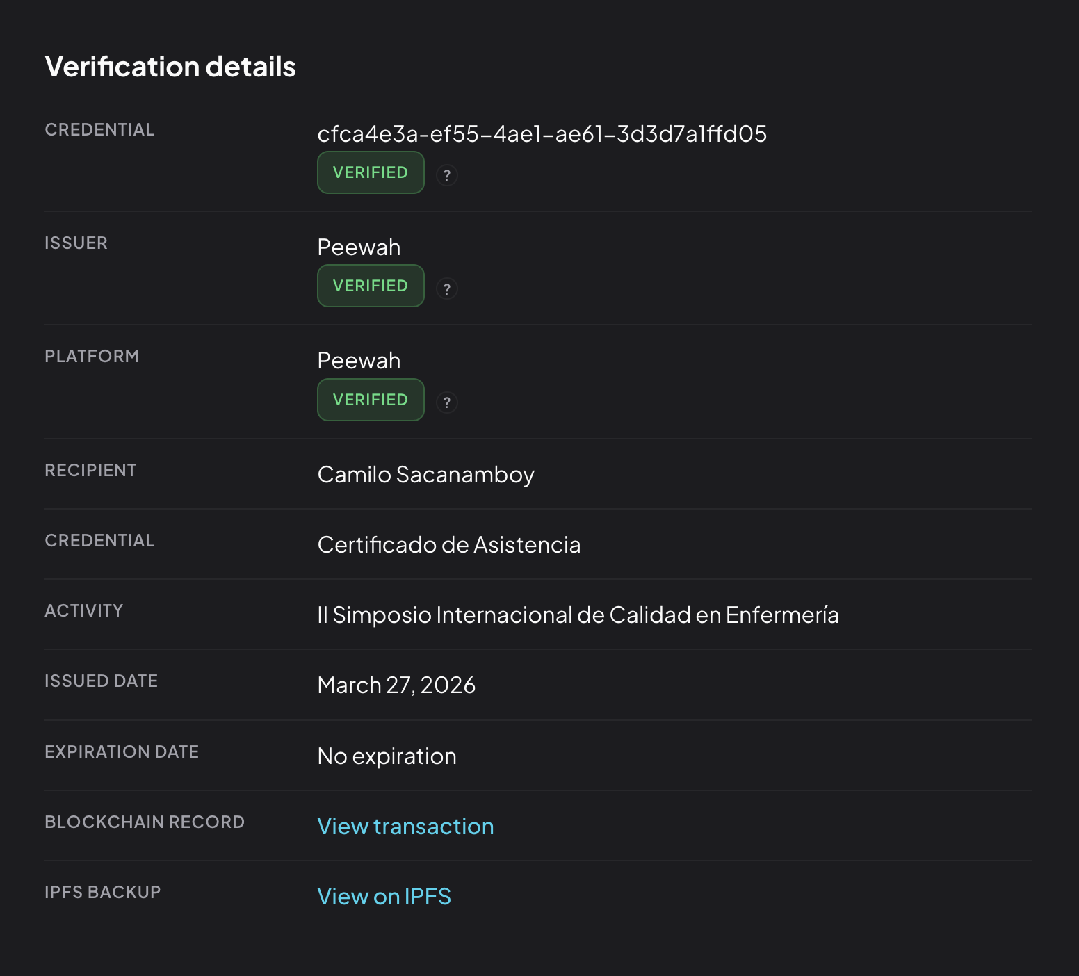 Verificación de certificado con blockchain en Peewah