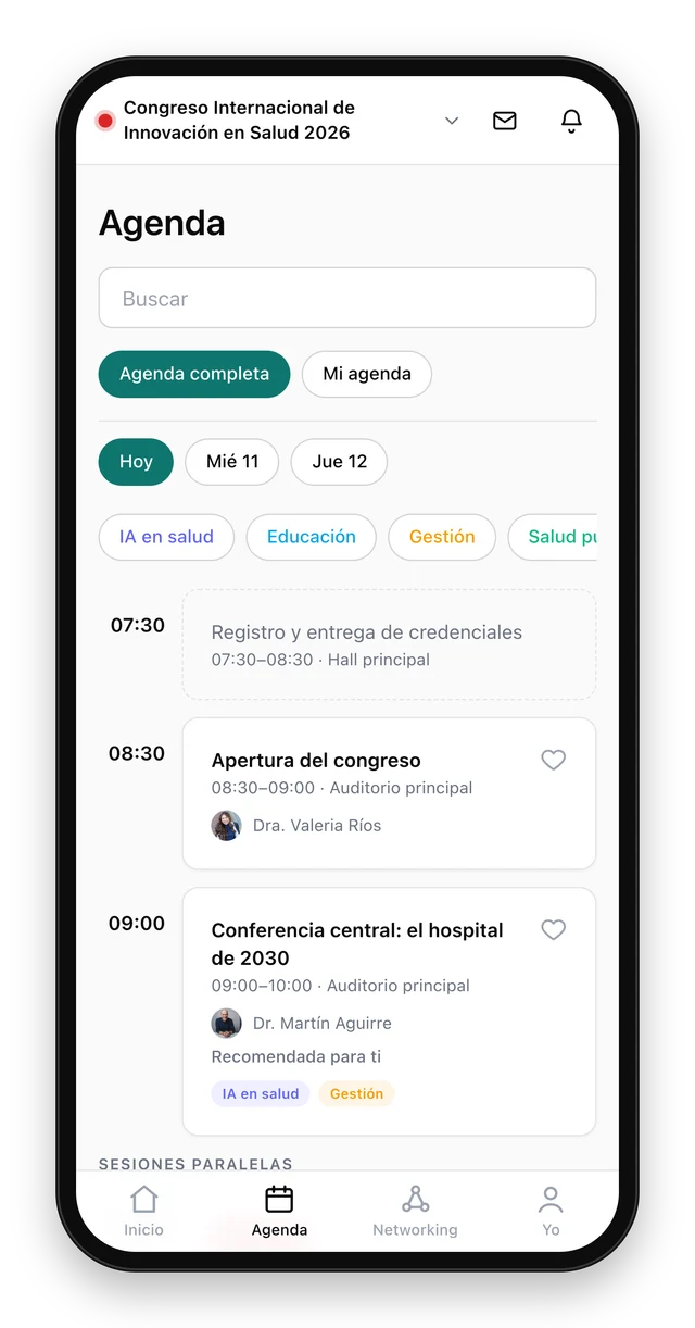 Agenda del evento por día, con filtros por tema y sesiones recomendadas