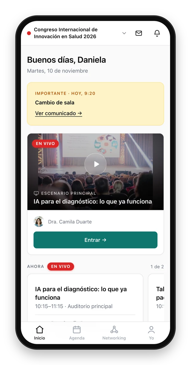Inicio de la app durante el evento: comunicado del día y charla en vivo