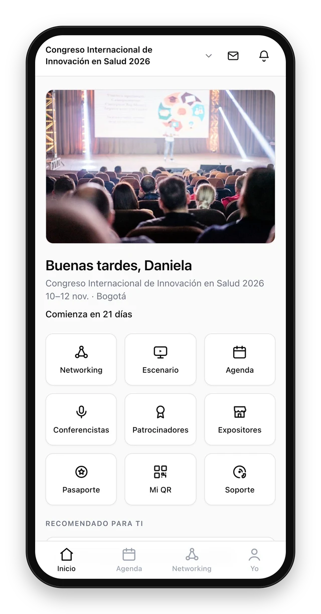 Inicio de la app antes del evento: cuenta regresiva, menú del evento y sesiones recomendadas