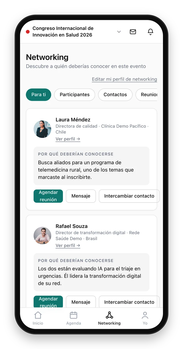 Recomendaciones de networking con la razón para conocerse y botones para agendar, escribir o intercambiar contacto