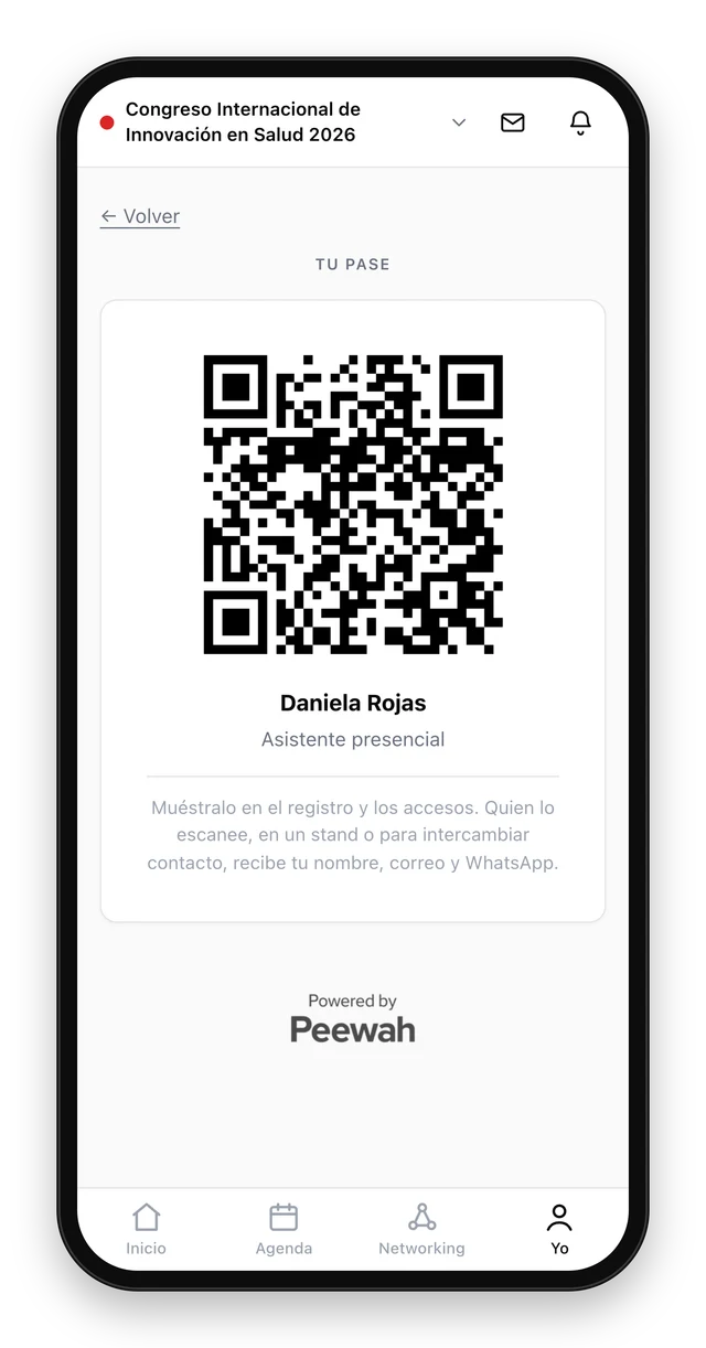 QR personal del asistente para el acceso y para intercambiar contacto