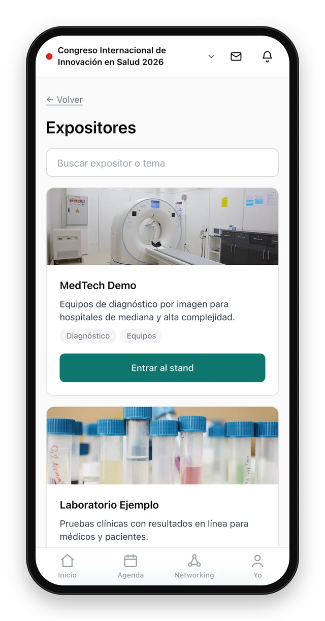 Directorio de expositores con su banner, descripción y botón para entrar al stand